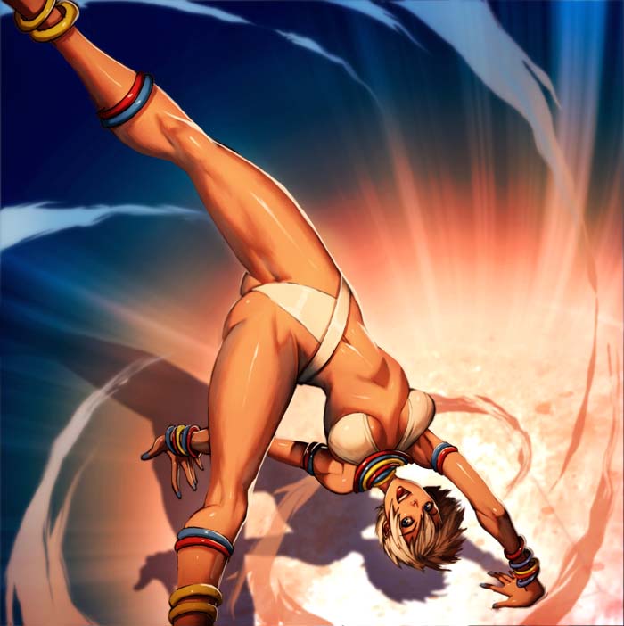 genzoman, elena (street fighter), capcom, street fighter, street fighter iii (series), 1girl, anklet, barefoot, bikini, bracelet, breasts, capoeira, dark-skinned female, dark skin, female focus, high kick, jewelry, kicking, legs, medium breasts, muscular, neck ring, short hair, solo, swimsuit, white bikini, white hair