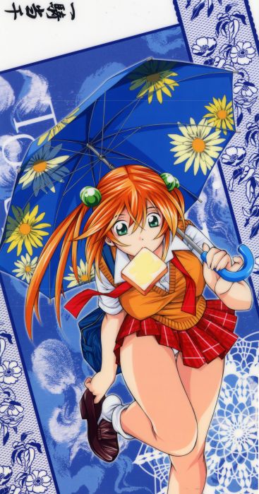shiozaki yuji, sonsaku hakufu, ikkitousen, untied, official art, 00s, 1girl, bag, bent over, bread, bread slice, breasts, covered erect nipples, female focus, fingernails, floral print, flower, food, food in mouth, green eyes, hair bobbles, hair ornament, large breasts, leg lift, legs, loafers, long fingernails, long hair, miniskirt, mouth hold, necktie, orange hair, panties, pantyshot, plaid clothes, plaid skirt, pleated skirt, putting on footwear, school bag, school uniform, shoe dangle, shoes, skirt, socks, solo, standing, standing on one leg, sweater vest, thighs, toast, toast in mouth, twintails, umbrella, underwear, vest, white panties, white socks
