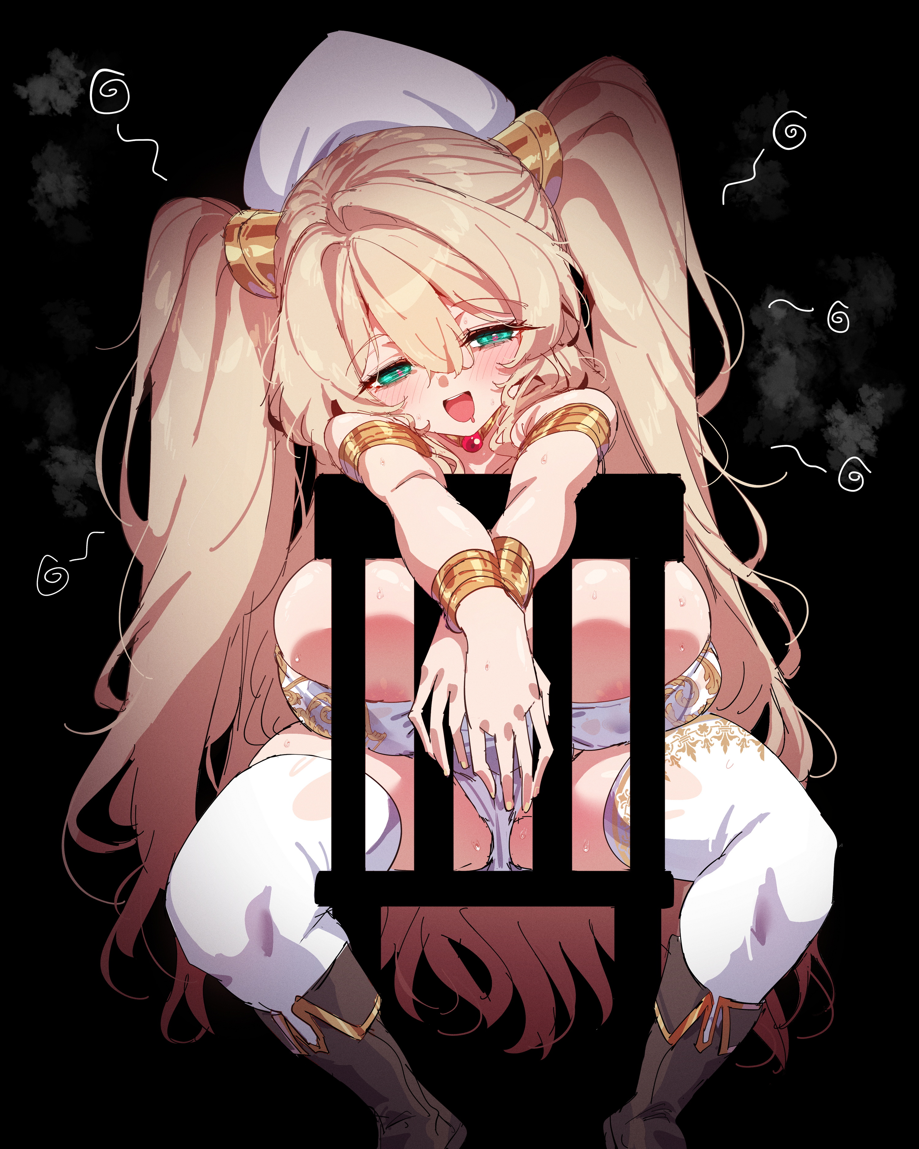 rayno, original, absurdres, commentary, english commentary, highres, 1girl, :d, areola slip, black background, blonde hair, blush, boots, bracelet, breasts, brown boots, chair, double-parted bangs, dress, drunk, full body, gold bracelet, green eyes, hair between eyes, hat, huge breasts, jewelry, long hair, looking at viewer, on chair, open mouth, revealing clothes, simple background, sitting, sitting backwards, smile, solo, thighhighs, twintails, very long hair, white dress, white hat, white thighhighs