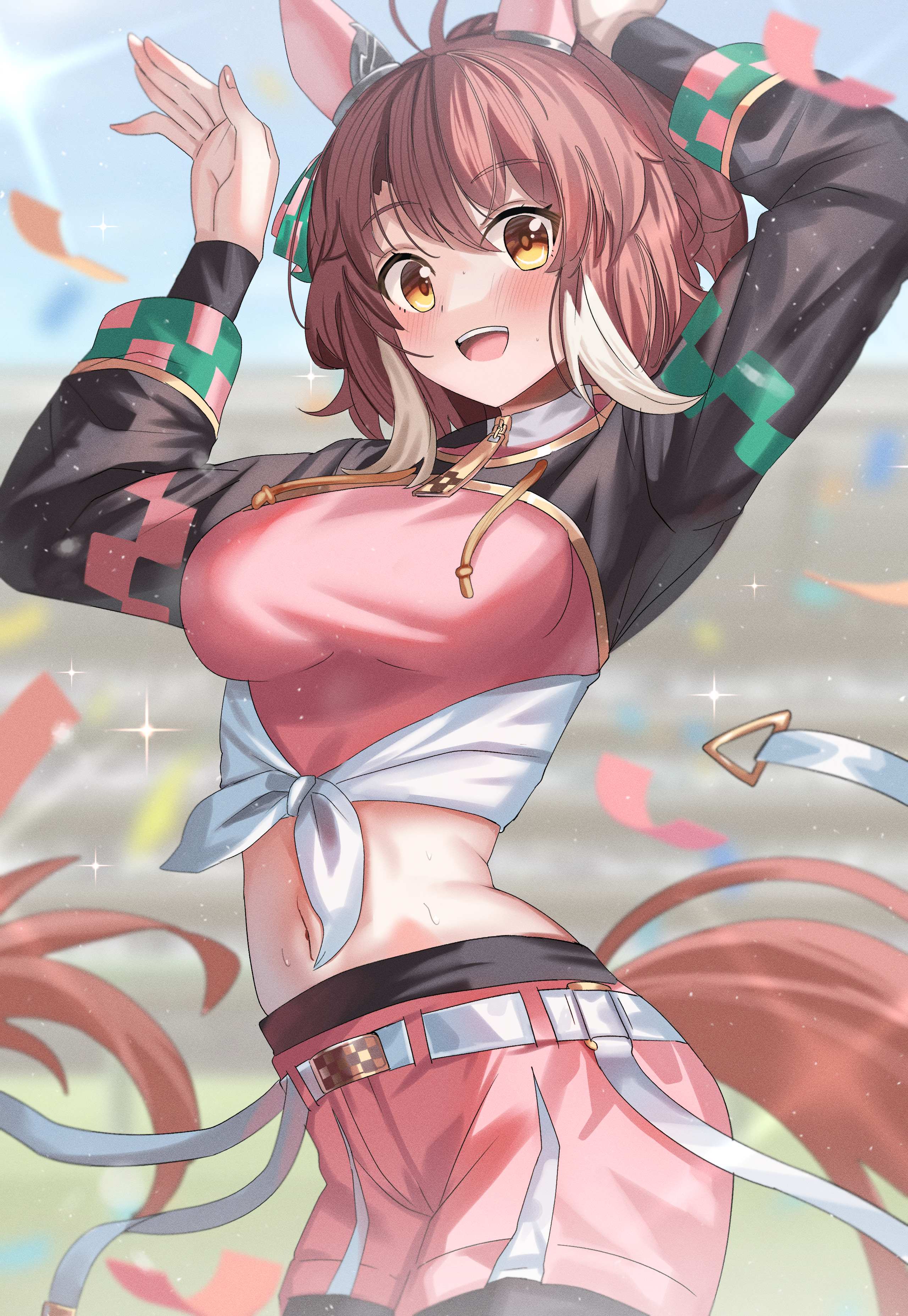 ame sagari, dantsu flame (umamusume), umamusume, absurdres, commentary request, highres, 1girl, animal ears, arms up, belt, black pants, black shrug, blurry, blurry background, blush, breasts, brown hair, brown tail, confetti, ear covers, hair between eyes, horse ears, horse girl, horse tail, large breasts, looking at viewer, midriff, navel, open mouth, pants, pink shirt, pink shorts, shirt, shorts, shrug (clothing), smile, solo, sparkle, sweat, tail, teeth, tied shirt, upper teeth only, white belt, white hair, white streaks