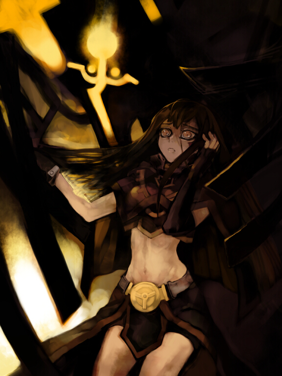 goshi, carly nagisa, earthbound immortal aslla piscu, yu-gi-oh!, yu-gi-oh! 5d's, 00s, 1girl, belt, black hair, breasts, dark signer, duel monster, female focus, gloves, long hair, midriff, solo, yellow eyes