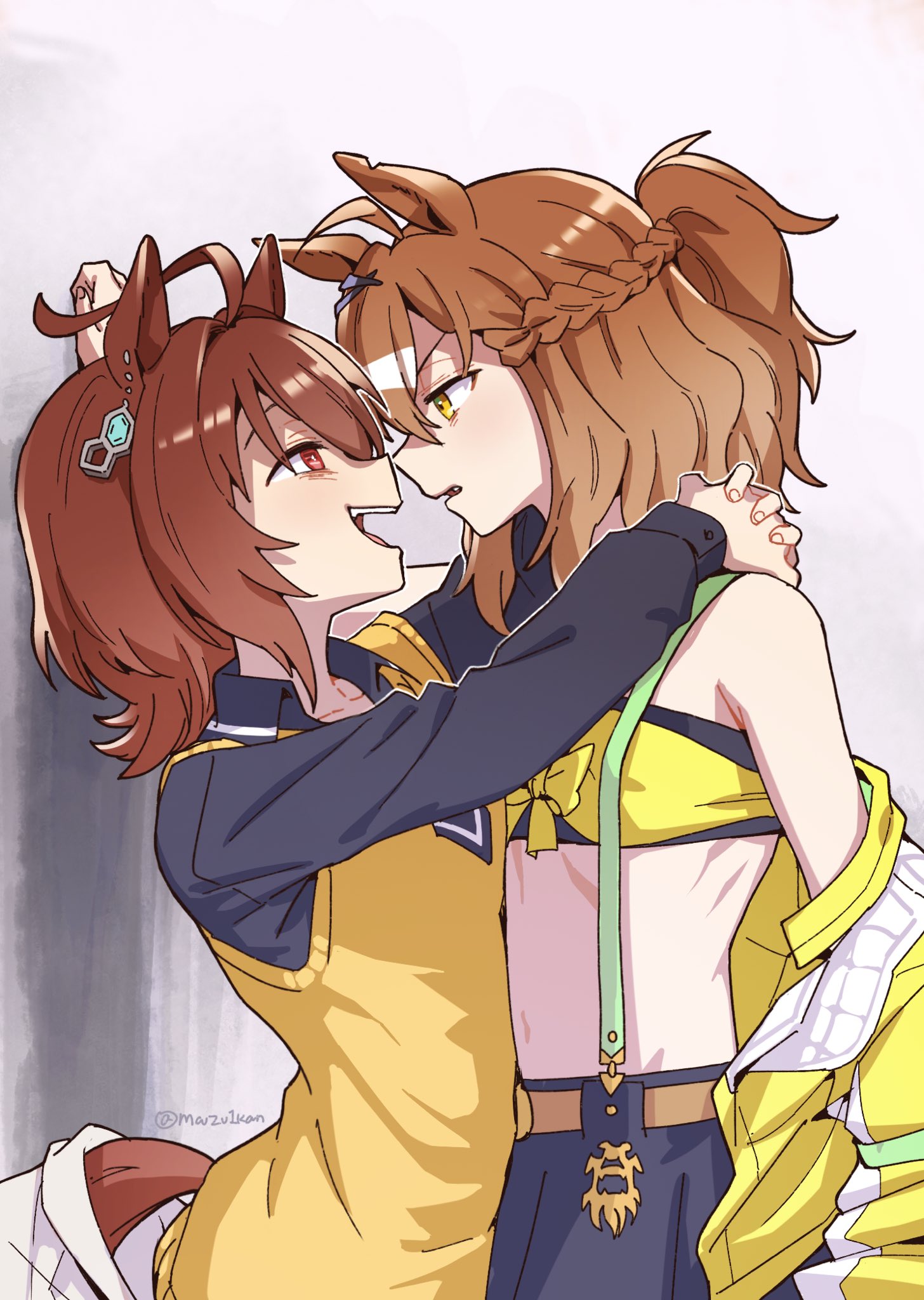 mazu1kan, agnes tachyon (tach-nology) (umamusume), agnes tachyon (umamusume), jungle pocket (champion's battle cry) (umamusume), jungle pocket (umamusume), umamusume, commentary, highres, 2girls, :d, ahoge, animal ears, arms around neck, bandeau, black bandeau, black necktie, black shirt, black skirt, braid, brown hair, collared shirt, cowboy shot, dated commentary, earrings, eye contact, face-to-face, from side, hair between eyes, half up half down braid, horse ears, horse girl, horse tail, huge ahoge, jacket, jewelry, looking at another, medium hair, multiple girls, necktie, notched ear, open mouth, ponytail, red eyes, ribs, shirt, single bare shoulder, single earring, skirt, smile, stomach, suspenders, sweater, tail, teeth, twitter username, upper teeth only, v-shaped eyebrows, white jacket, yellow eyes, yellow jacket, yellow sweater, yuri