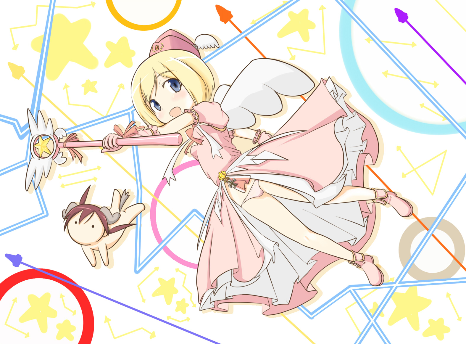 ebi (ebifry), erica hartmann, gertrud barkhorn, strike witches, world witches series, non-web source, 1girl, animal ears, blonde hair, blue eyes, brown hair, chibi, dress, gloves, hat, magical girl, panties, parody, short hair, tail, twintails, underwear, wand, wings