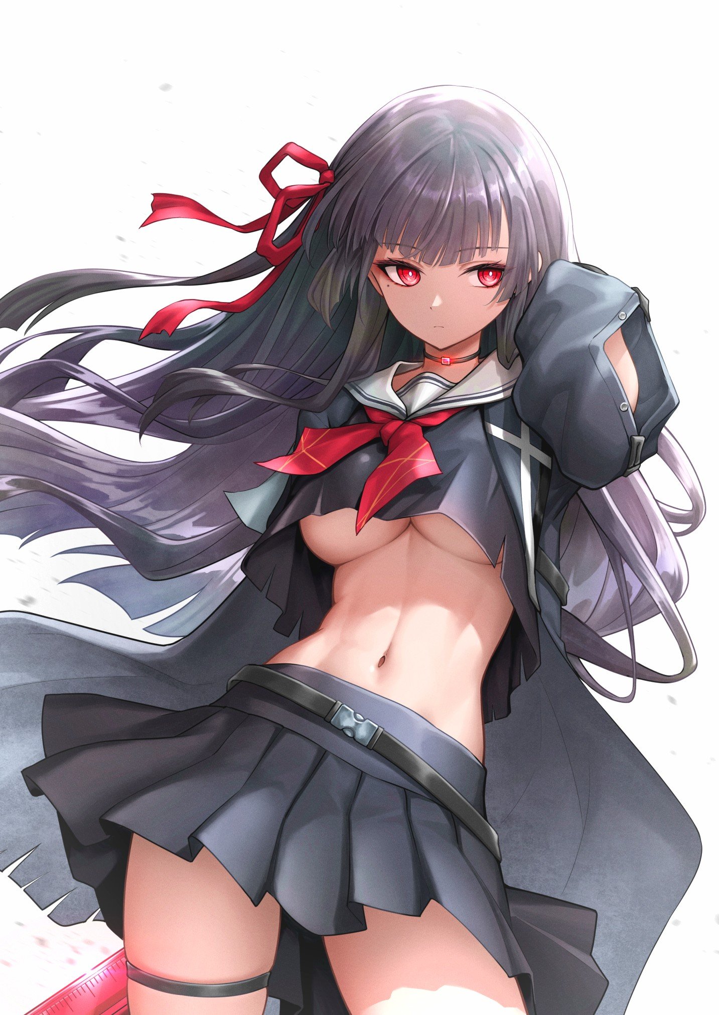 royboy, chisa (wuthering waves), wuthering waves, commentary, highres, 1girl, abs, arm cutout, arm up, black choker, black hair, black jacket, black shirt, black skirt, breasts, choker, closed mouth, clothing cutout, cowboy shot, crop top, hair ribbon, holding, holding behind back, holding weapon, holding weapon behind back, jacket, linea alba, long hair, long sleeves, mole, mole under eye, navel, neckerchief, no bra, red eyes, red neckerchief, red ribbon, ribbon, sailor collar, shirt, simple background, skirt, solo, stomach, thigh strap, thighs, underboob, weapon, white background, white sailor collar, wind