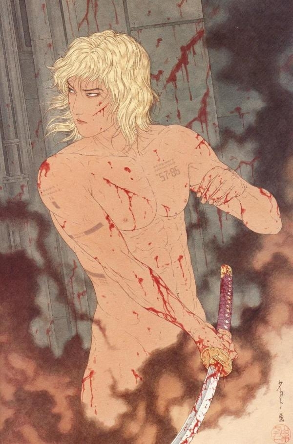 raiden (metal gear), metal gear (series), metal gear solid 2: sons of liberty, 1boy, blonde hair, blood, cuts, injury, katana, male focus, muscular, smoke, solo, sword, weapon