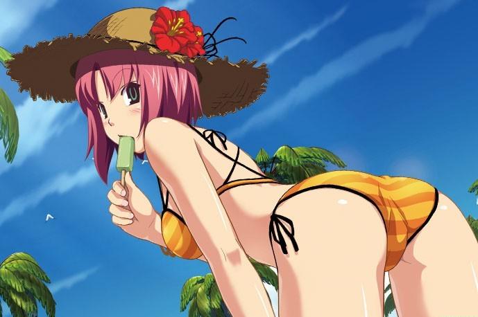 koutaro, rio rollins, super blackjack, game cg, jpeg artifacts, source request, 1girl, ass, bare shoulders, bikini, blush, breasts, day, female focus, flower, food, green eyes, hat, hibiscus, ice cream, leaning forward, looking back, medium breasts, palm tree, pink hair, popsicle, short hair, side-tie bikini bottom, sky, solo, straw hat, striped bikini, striped clothes, swimsuit, tree, yellow bikini