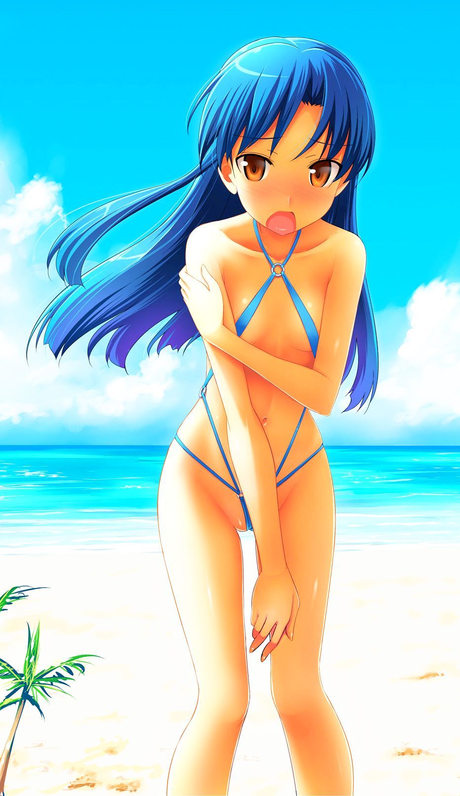 takayaki, kisaragi chihaya, idolmaster, idolmaster (classic), idolmaster 1, highres, jpeg artifacts, non-web source, 00s, 1girl, beach, blue hair, blush, brown eyes, brown hair, cloud, covering crotch, covering privates, day, embarrassed, female focus, flat chest, leaning forward, long hair, navel, ocean, open mouth, outdoors, palm tree, partially visible vulva, pretzel bikini, skindentation, sky, slingshot swimsuit, solo, swimsuit, tree, water, wind