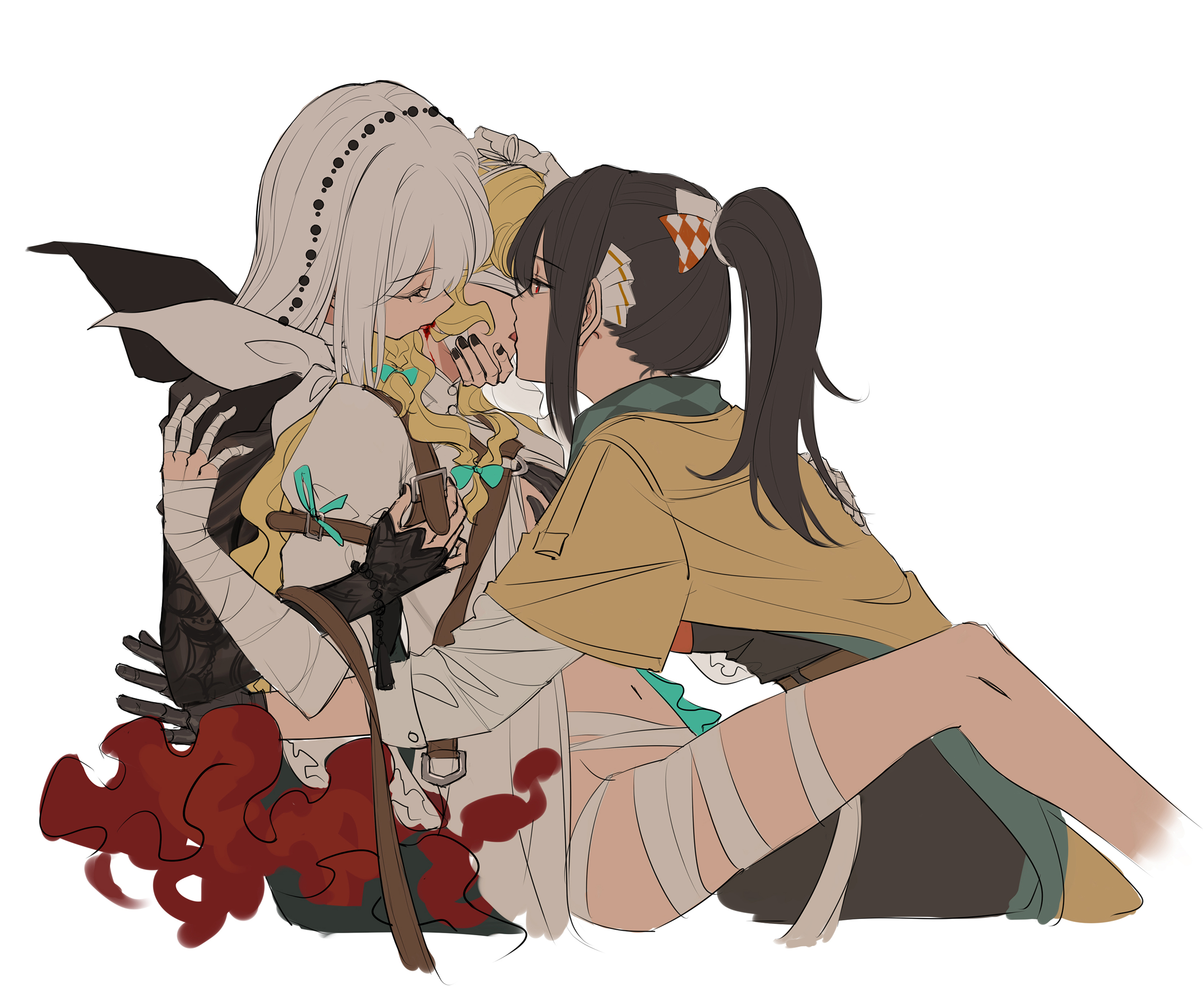 bamboo nima, lorelei (reverse:1999), semmelweis (reverse:1999), reverse:1999, highres, 3girls, bandaged arm, bandaged hand, bandaged leg, bandages, behind another, biting, black gloves, black shirt, black skirt, blonde hair, blood sucking, brown cape, brown hair, cape, closed eyes, dress, dual persona, feet out of frame, from side, gloves, hand on another's chest, hand on another's chin, kiss, long hair, multiple girls, navel, neck biting, neckerchief, open clothes, open dress, pearl hair ornament, ponytail, shirt, sitting, skirt, vampire, white background, white dress, white hair, white neckerchief, white shirt, yuri