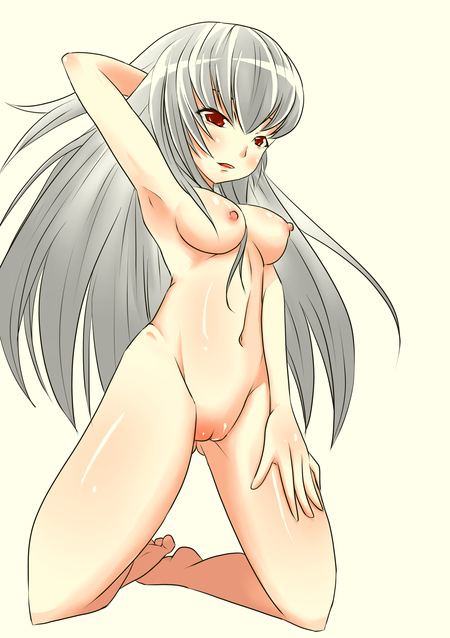 raime, suigintou, rozen maiden, absurdres, highres, 00s, 1girl, arm behind head, armpits, arms up, barefoot, blush, breasts, female focus, kneeling, long hair, nipples, nude, pussy, red eyes, solo, uncensored, white hair