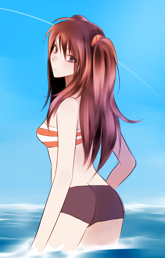 koutarou (artist), koutarou (farthest), souryuu asuka langley, neon genesis evangelion, striped, 1girl, back, bikini, bikini shorts, blue eyes, butt crack, day, female focus, from behind, long hair, looking back, ocean, orange hair, outdoors, red hair, shorts, sky, solo, swimsuit, wading, water