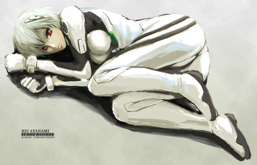 ayanami rei, neon genesis evangelion, non-web source, blue hair, lying, mecha pilot suit, plugsuit (evangelion), red eyes, short hair, solo