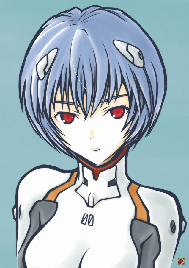 ichiban hoshi, ayanami rei, neon genesis evangelion, blue hair, mecha pilot suit, plugsuit (evangelion), red eyes, short hair, solo