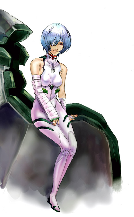 ayanami rei, neon genesis evangelion, bandage over one eye, bandages, bare shoulders, blue hair, entry plug, mecha pilot suit, plugsuit (evangelion), red eyes, short hair, solo
