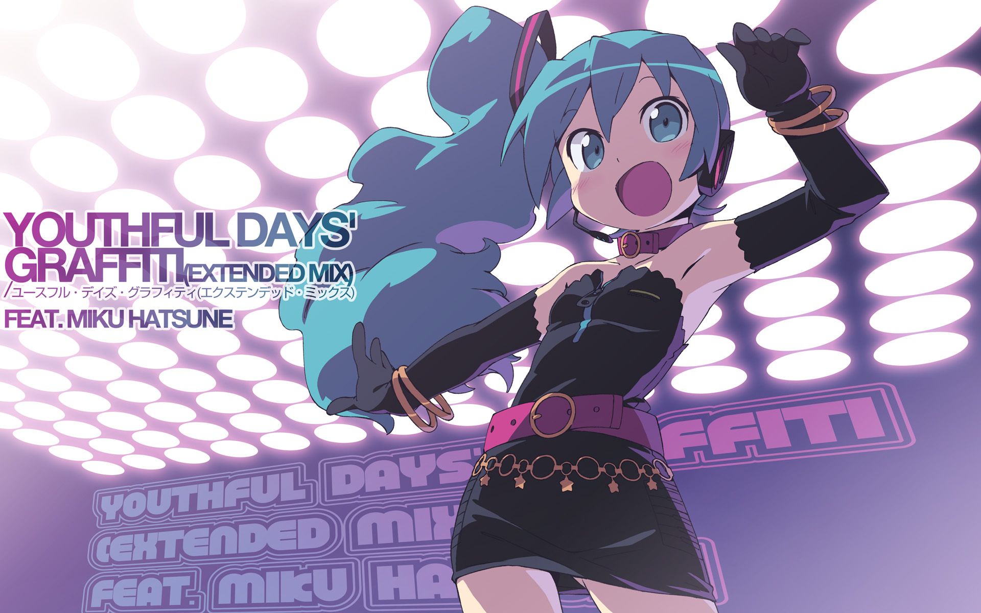 kanzaki hiro, hatsune miku, vocaloid, youthful days' graffiti (vocaloid), 1980s (style), bad id, bad pixiv id, highres, 1girl, alternate hairstyle, aqua eyes, aqua hair, armpits, belt, bracelet, collar, dress, elbow gloves, female focus, gloves, headset, jewelry, oldschool, open mouth, retro artstyle, side ponytail, solo