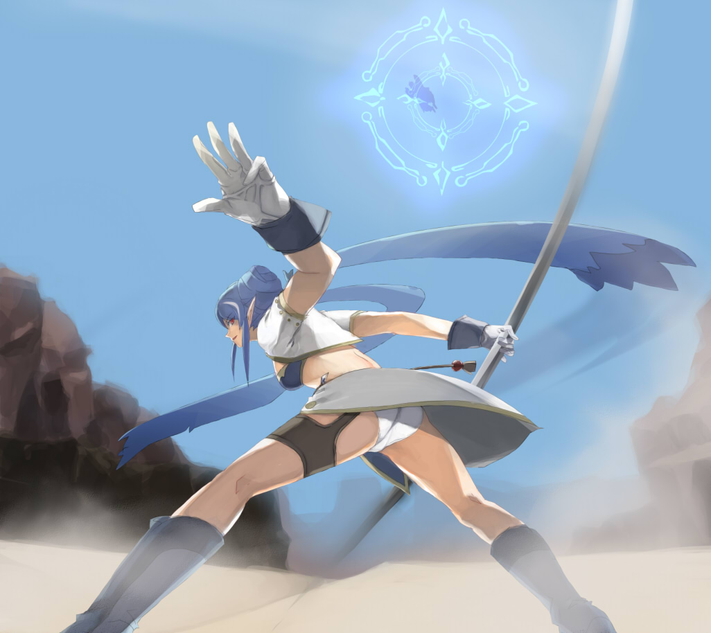 honkokuji, judith (tales), tales of (series), tales of vesperia, bad id, bad pixiv id, 00s, 1girl, blue hair, boots, female focus, gameplay mechanics, gloves, knee boots, midriff, panties, pantyshot, pointy ears, polearm, red eyes, solo, underwear, weapon