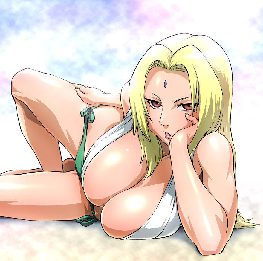 ueyama michirou, tsunade (naruto), naruto (classic), naruto (series), 1girl, arm support, bikini, bindi, blonde hair, breasts, brown eyes, cleavage, cloud, female focus, huge breasts, long hair, lying, mature female, panties, side-tie panties, sky, solo, sunlight, swimsuit, underwear