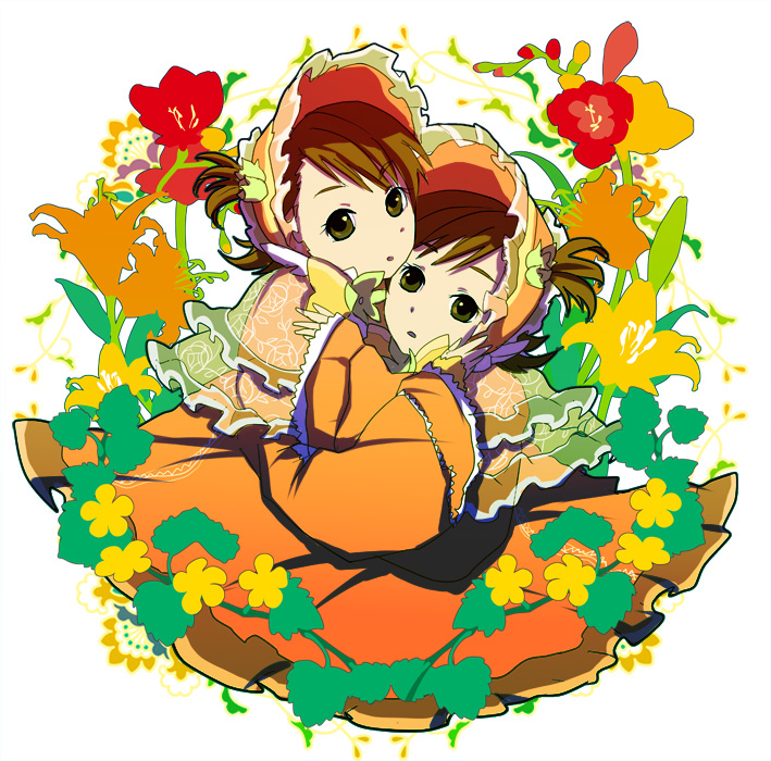 ebi (pixiv66713), futami ami, futami mami, idolmaster, idolmaster (classic), idolmaster 1, bad id, bad pixiv id, 00s, 2girls, bonnet, brown eyes, brown hair, dress, flower, freesia (flower), hair bobbles, hair ornament, multiple girls, short hair, siblings, side ponytail, sisters, twins
