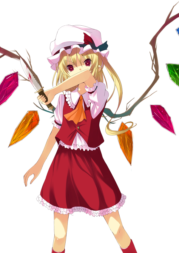 amaa (chou dennou jidai), flandre scarlet, touhou, 1girl, blood, blouse, collared shirt, female focus, frilled shirt, frills, hat, kneehighs, knife, mob cap, red eyes, red socks, shirt, simple background, socks, solo, standing, white background, white hat, white shirt, wings