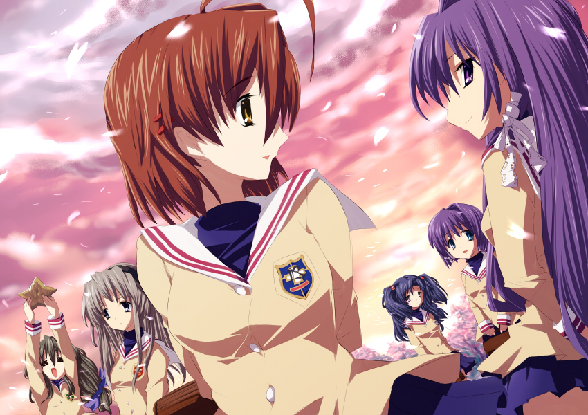 blue vert, fujibayashi kyou, fujibayashi ryou, furukawa nagisa, ibuki fuuko, ichinose kotomi, sakagami tomoyo, clannad, 00s, 6+girls, cherry blossoms, dutch angle, multiple girls, petals, school uniform, siblings, sisters, starfish, twins