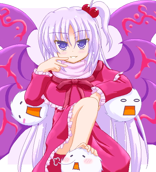 marimo (artist), marimo (pixiv4455), kedama (touhou), shinki (touhou), mystic square, touhou, touhou (pc-98), 1girl, barefoot, blue eyes, feet, female focus, hair bobbles, hair ornament, multiple wings, oekaki, purple hair, side ponytail, simple background, sitting, solo, wings