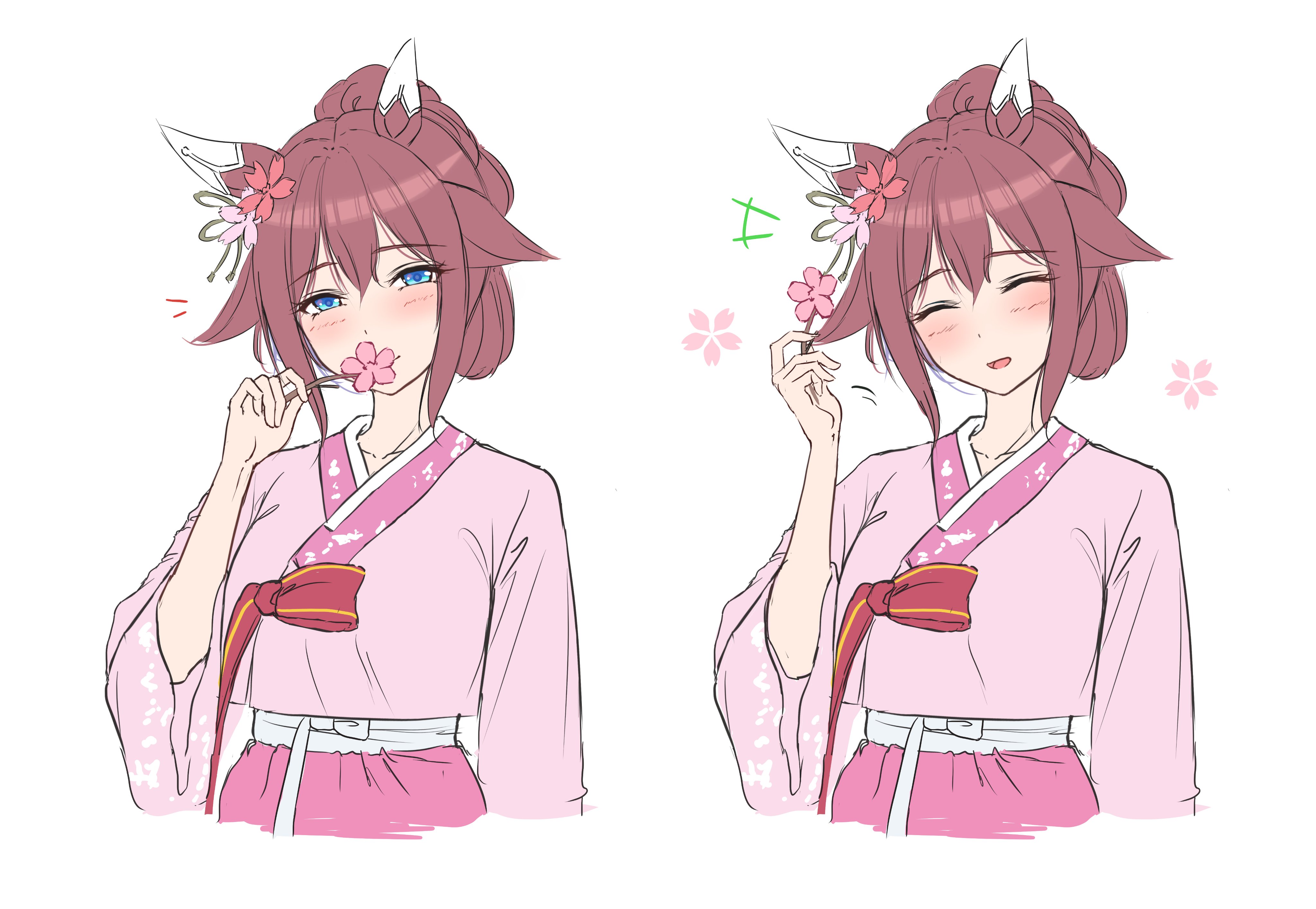 kimchi (user mpzz8457), sakura chiyono o (umamusume), umamusume, absurdres, highres, 1girl, alternate costume, animal ears, blue eyes, blush, cherry blossom print, cherry blossoms, chima (clothes), closed eyes, ear covers, floral print, flower, hair between eyes, hair flaps, holding, holding flower, horse ears, horse girl, korean clothes, looking at viewer, open mouth, pink hair, pink shirt, pink skirt, shirt, simple background, skirt, smile, upper body, white background