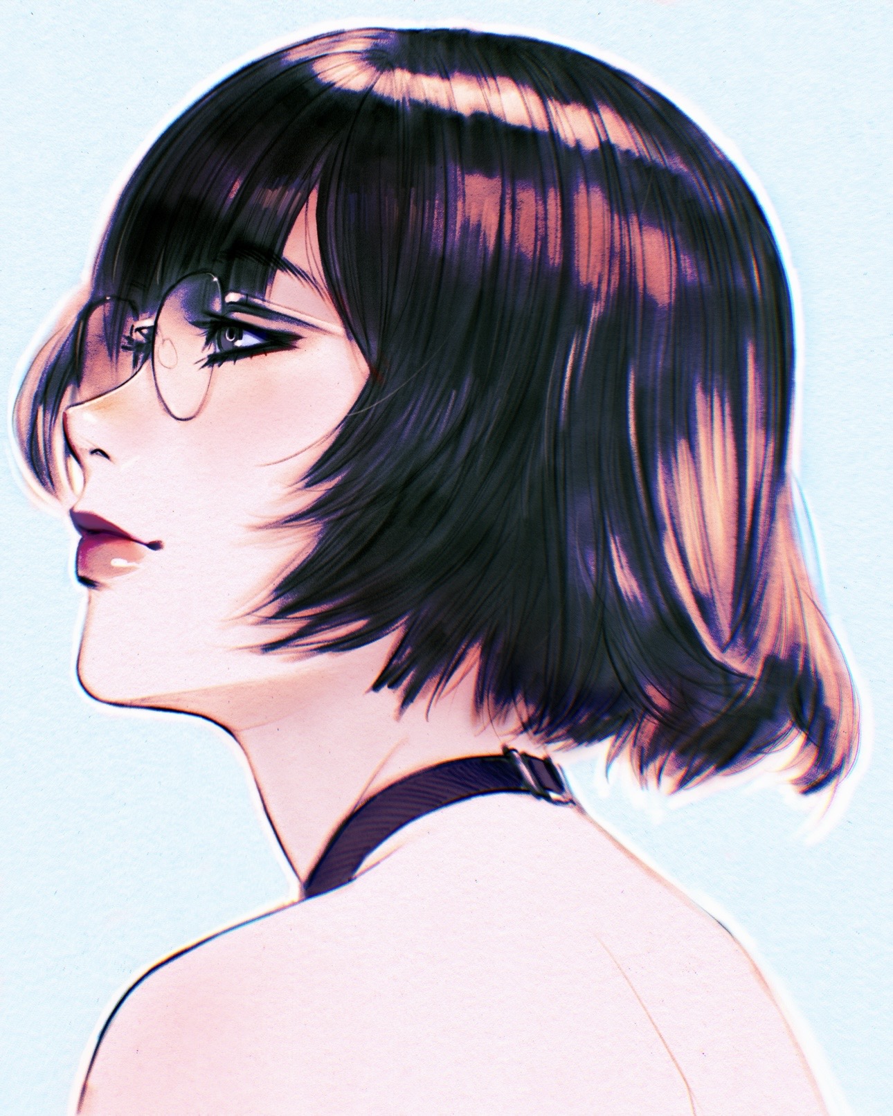 ilya kuvshinov, original, highres, 1girl, bare shoulders, black choker, black eyes, black hair, blurry, blurry background, bob cut, choker, from side, glasses, lips, simple background, solo