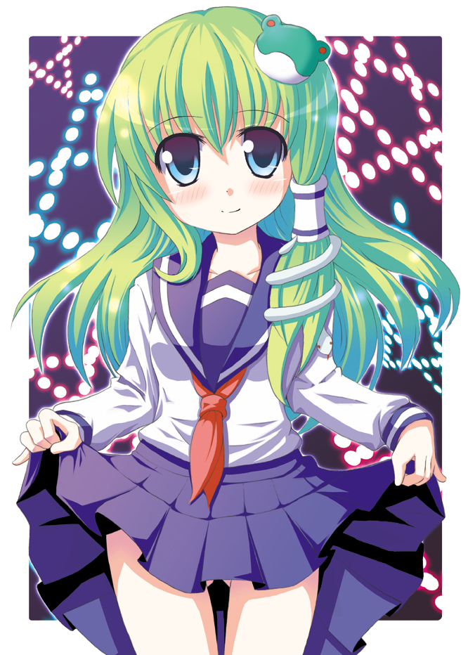 k hiro, kochiya sanae, touhou, 1girl, alternate costume, blush, clothes lift, female focus, school uniform, serafuku, skirt, skirt lift, solo
