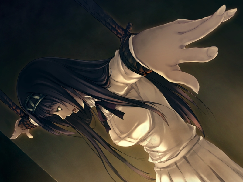 sugina miki, tsukishima orihime, innocent grey, kara no shoujo, game cg, spoilers, 1girl, bdsm, bondage, bound, bow, female focus, hairband, long hair, ribbon, school uniform, solo