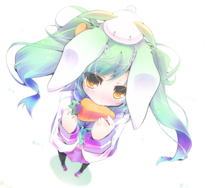 shaneru, original, animal ears, carrot, eating, green hair, long hair, rabbit ears, school uniform, skirt, solo, yellow eyes