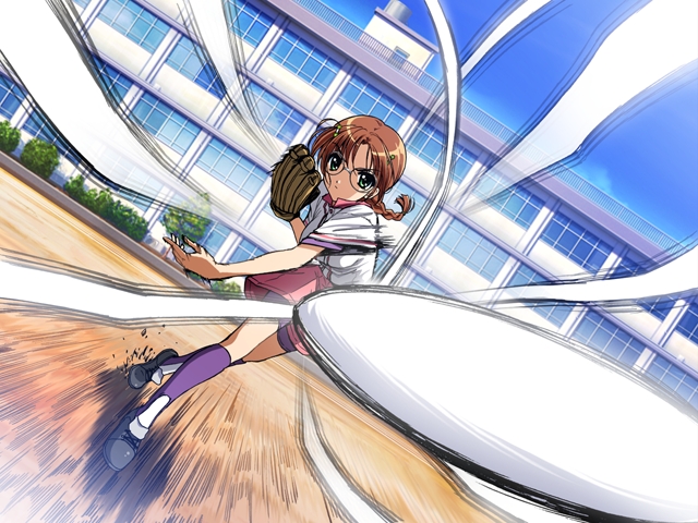 momoi youko, maple colors, game cg, non-web source, 00s, 1girl, baseball, baseball glove, braid, brown hair, dutch angle, female focus, glasses, green eyes, gym uniform, pitching, solo, throwing, twin braids
