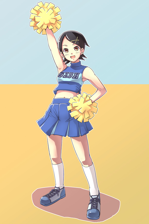 e20, fuura kafuka, sayonara zetsubou sensei, 00s, 1girl, black hair, brown eyes, cheerleader, female focus, hair ornament, hairclip, hand on own hip, hip focus, midriff, open mouth, pom pom (cheerleading), short hair, skirt, smile, solo