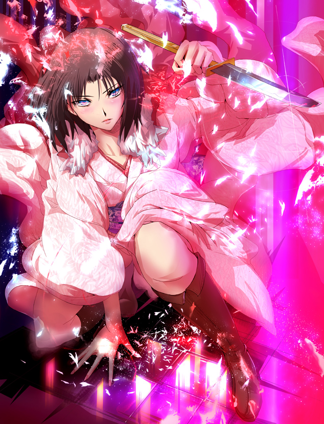 tanupo, ryougi shiki, kara no kyoukai, 1girl, boots, brown hair, female focus, japanese clothes, kimono, knife, reverse grip, short hair, solo