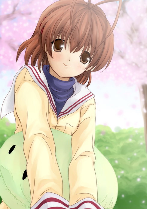 rimecandy, furukawa nagisa, clannad, dango daikazoku, 00s, antenna hair, brown eyes, brown hair, dango, food, school uniform, short hair, solo, wagashi