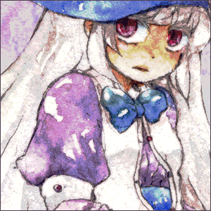 irisu kyouko, irisu shoukougun!, lowres, 1girl, black border, blue bow, blue bowtie, blue hat, blunt bangs, border, bow, bowtie, closed mouth, expressionless, female focus, hat, long hair, looking at viewer, open clothes, open vest, pink eyes, puffy short sleeves, puffy sleeves, shaded face, short sleeves, solo, straight hair, upper body, very long hair, vest, white hair, white vest