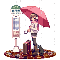 tozaki makoto, original, animated, animated gif, lowres, 1girl, black thighhighs, boots, bus stop, cat, earmuffs, female focus, full body, knee boots, pink scarf, pixel art, rain, scarf, solo, suitcase, thighhighs, transparent background, umbrella