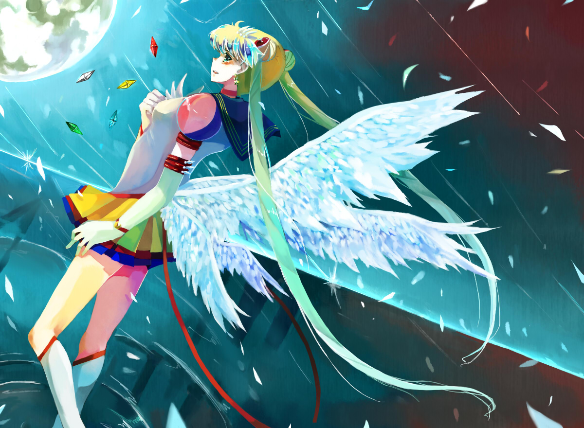 nako, nako (nonrain), eternal sailor moon, sailor moon, tsukino usagi, bishoujo senshi sailor moon, bishoujo senshi sailor moon sailor stars, bishoujo senshi sailor moon stars, bad id, bad pixiv id, 1990s (style), 1girl, blonde hair, blue sailor collar, boots, double bun, earrings, elbow gloves, feathers, female focus, full moon, gem, gloves, hair bun, jewelry, layered skirt, long hair, moon, retro artstyle, sailor collar, skirt, solo, twintails, very long hair, white boots, white gloves, wings