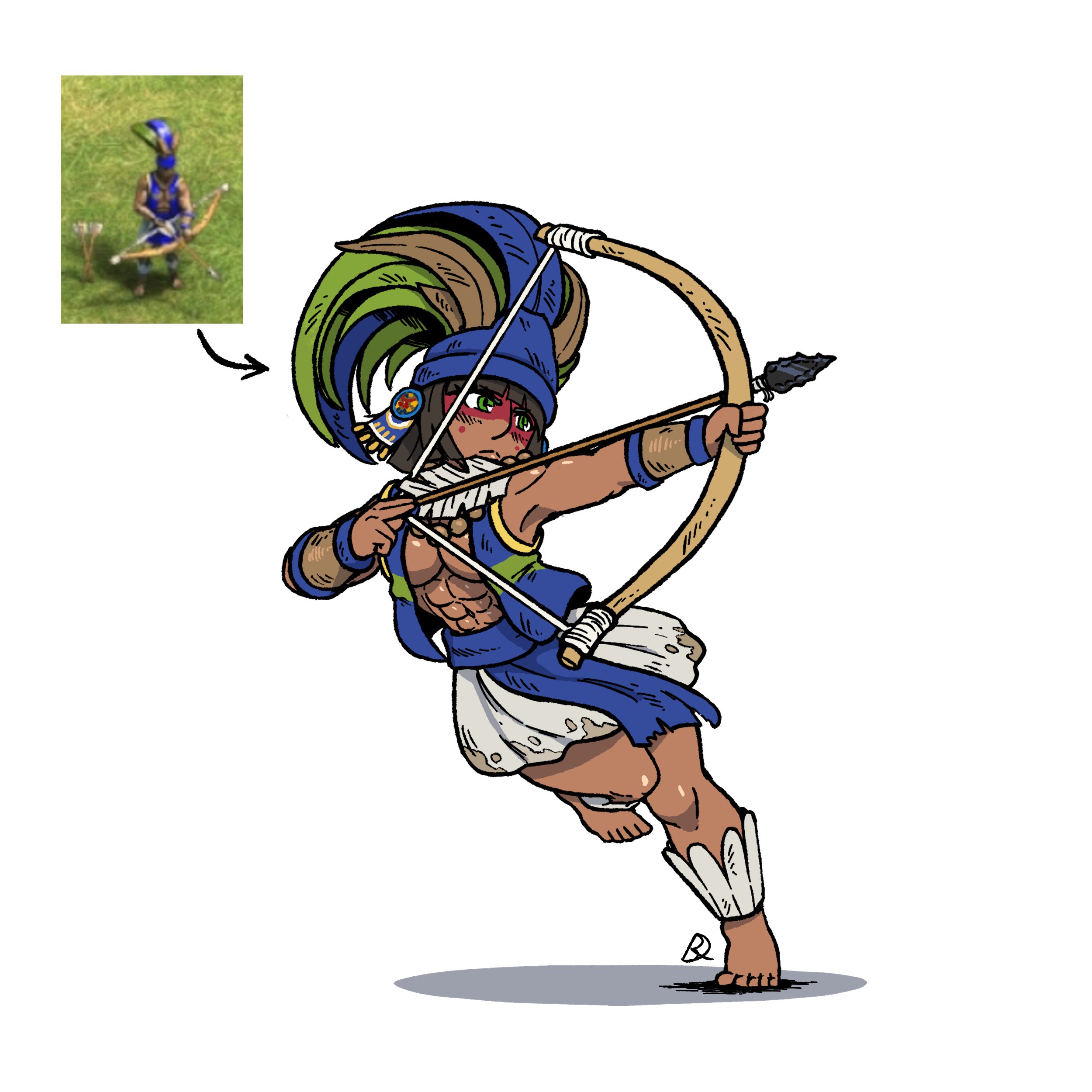 kabewski, plumed archer (age of empires ii), age of empires (series), age of empires ii, absurdres, highres, 1girl, abs, arrow (projectile), barefoot, bow (weapon), brown hair, dirty, dirty clothes, drawing bow, facepaint, green eyes, hat, holding, holding bow (weapon), holding weapon, jacket, open clothes, open jacket, reference inset, skirt, toned, toned female, weapon, white background