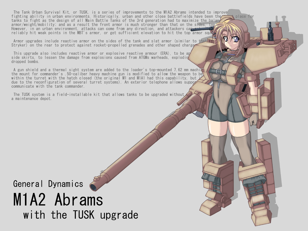 original, vehicle, 1girl, abrams, belt bra, blonde hair, blue eyes, breasts, buckle, bursting breasts, cannon, covered navel, english text, female focus, full body, gloves, grey background, grey thighhighs, large breasts, looking at viewer, mecha musume, military, military vehicle, motor vehicle, personification, serious, shadow, short hair, simple background, solo, standing, tank, thighhighs, unitard, weapon, zettai ryouiki