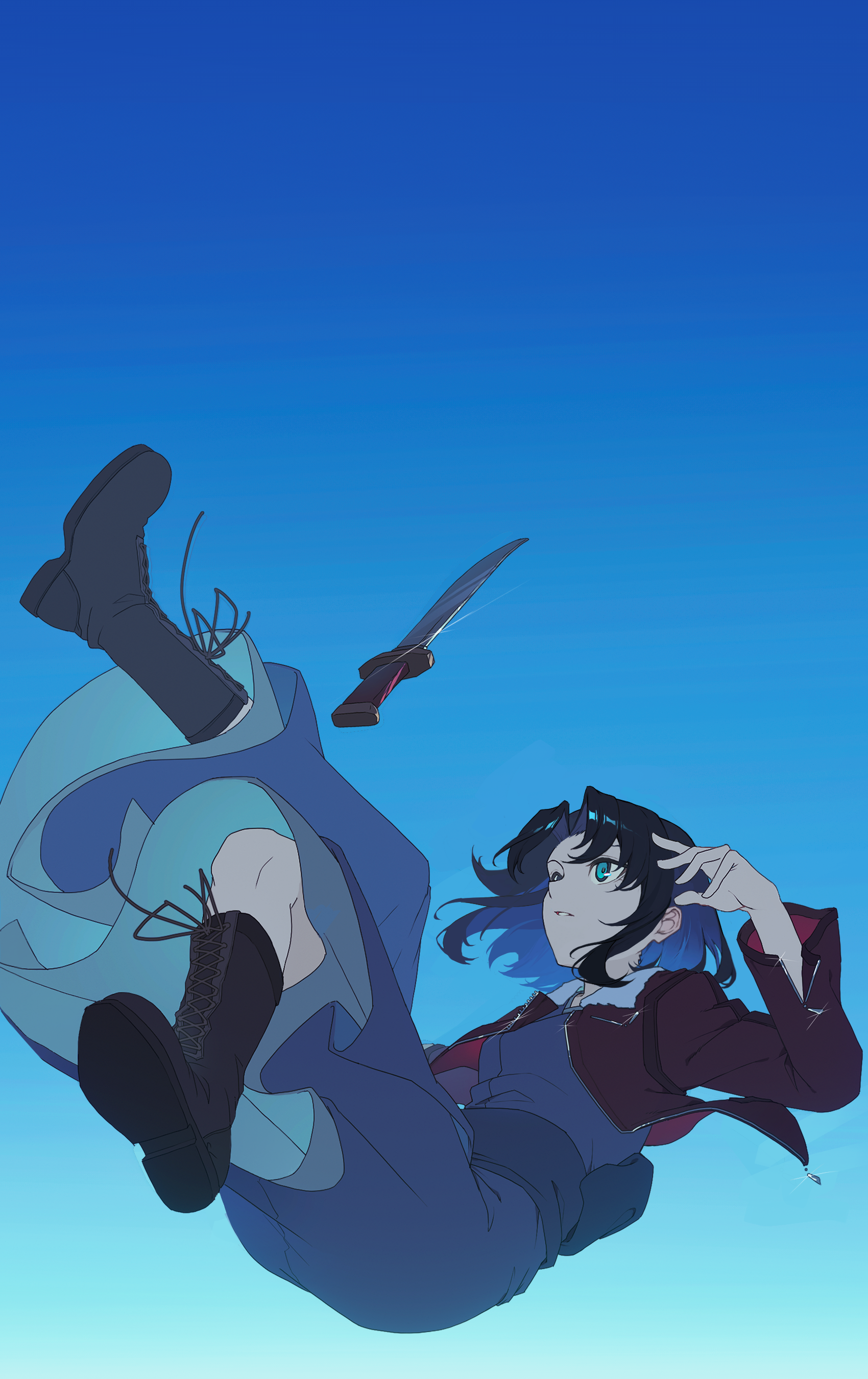 enoharatoki, ryougi shiki, kara no kyoukai, absurdres, highres, 1girl, black boots, black hair, blue background, blue eyes, blue kimono, boots, breasts, floating hair, full body, jacket, japanese clothes, kimono, long sleeves, medium breasts, midair, open clothes, open jacket, outstretched arms, parted lips, red jacket, sash, short hair, simple background, sky, solo, type-moon heroines