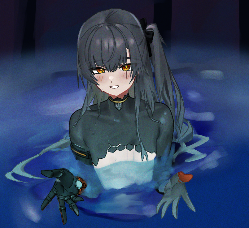 d5y0m, leva (girls' frontline 2), ump45 (girls' frontline), chainsaw man, girls' frontline, girls' frontline 2: exilium, commentary request, korean commentary, 1girl, black hair, black ribbon, black shrug, blue background, blush, covered collarbone, film grain, flat chest, grin, hair ribbon, hands up, i'll teach you everything (chainsaw man), long hair, looking at viewer, mechanical hands, one side up, open hands, orange eyes, partially submerged, ribbon, scar, scar across eye, scar on face, scene reference, shrug (clothing), single mechanical hand, smile, solo, spread fingers, upper body, wet