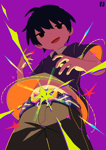 noeyebrow (mauve), original, bad id, bad tumblr id, 1boy, belt, black eyes, black hair, from below, looking at viewer, looking down, male focus, open mouth, purple background, shirt, shorts, simple background, solo