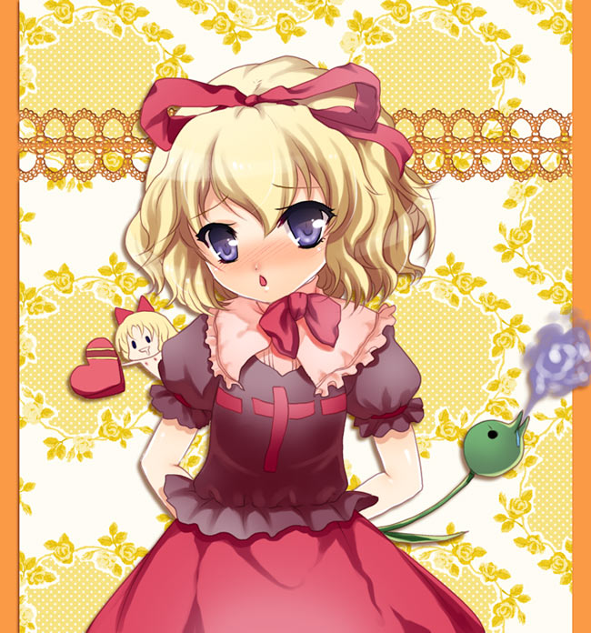 hanao, kumao mofumofu, medicine melancholy, su-san, touhou, 1girl, blonde hair, blue eyes, female focus, flower, hair ribbon, ribbon, solo, standing, valentine
