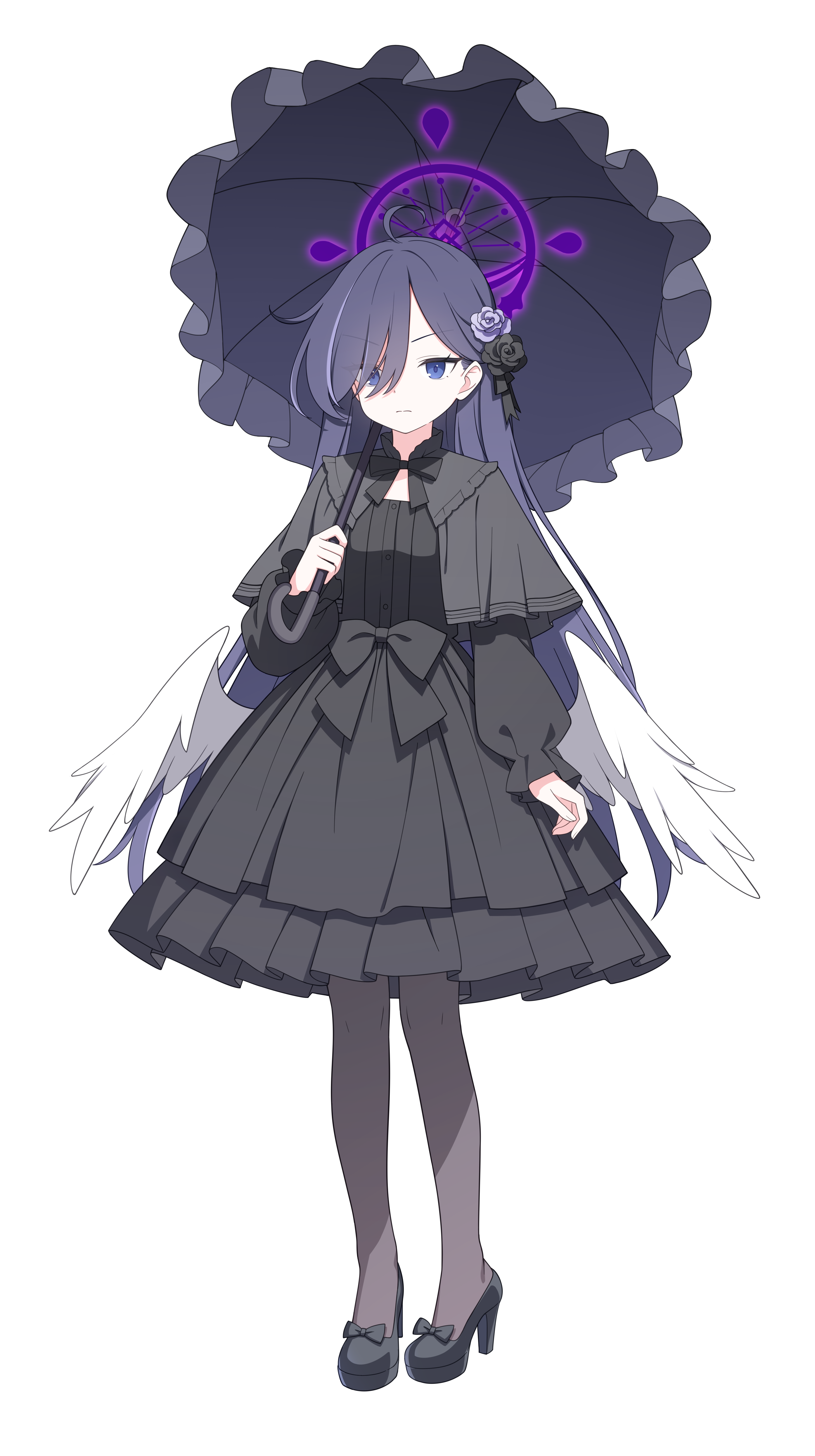 jyt, blue archive, original, absurdres, highres, large variant set, variant set, >:(, 1girl, ahoge, arm at side, black bow, black bowtie, black capelet, black dress, black flower, black shoes, blue eyes, bow, bowtie, capelet, closed mouth, dress, eyes visible through hair, feathered wings, flower, footwear bow, frilled dress, frilled umbrella, frills, full body, gothic lolita, grey pantyhose, hair flower, hair ornament, hair over one eye, halo, high heels, holding, holding umbrella, lolita fashion, long hair, long sleeves, looking at viewer, low wings, pantyhose, puffy long sleeves, puffy sleeves, purple flower, purple hair, purple halo, purple umbrella, shoes, simple background, solo, split mouth, standing, straight hair, tachi-e, transparent background, umbrella, v-shaped eyebrows, white wings, wings