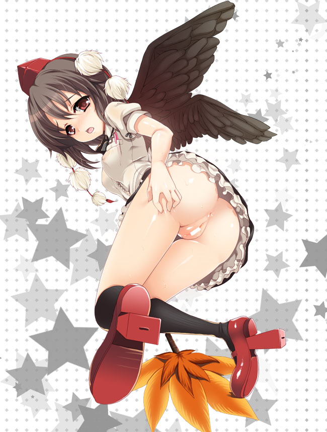 hanao, kumao mofumofu, shameimaru aya, touhou, 1girl, anus, ass, bent over, black socks, black wings, blush, censored, female focus, geta, hand fan, hat, kneehighs, looking at viewer, no panties, open mouth, pussy, red eyes, short hair, socks, solo, tengu-geta, tokin hat, wings