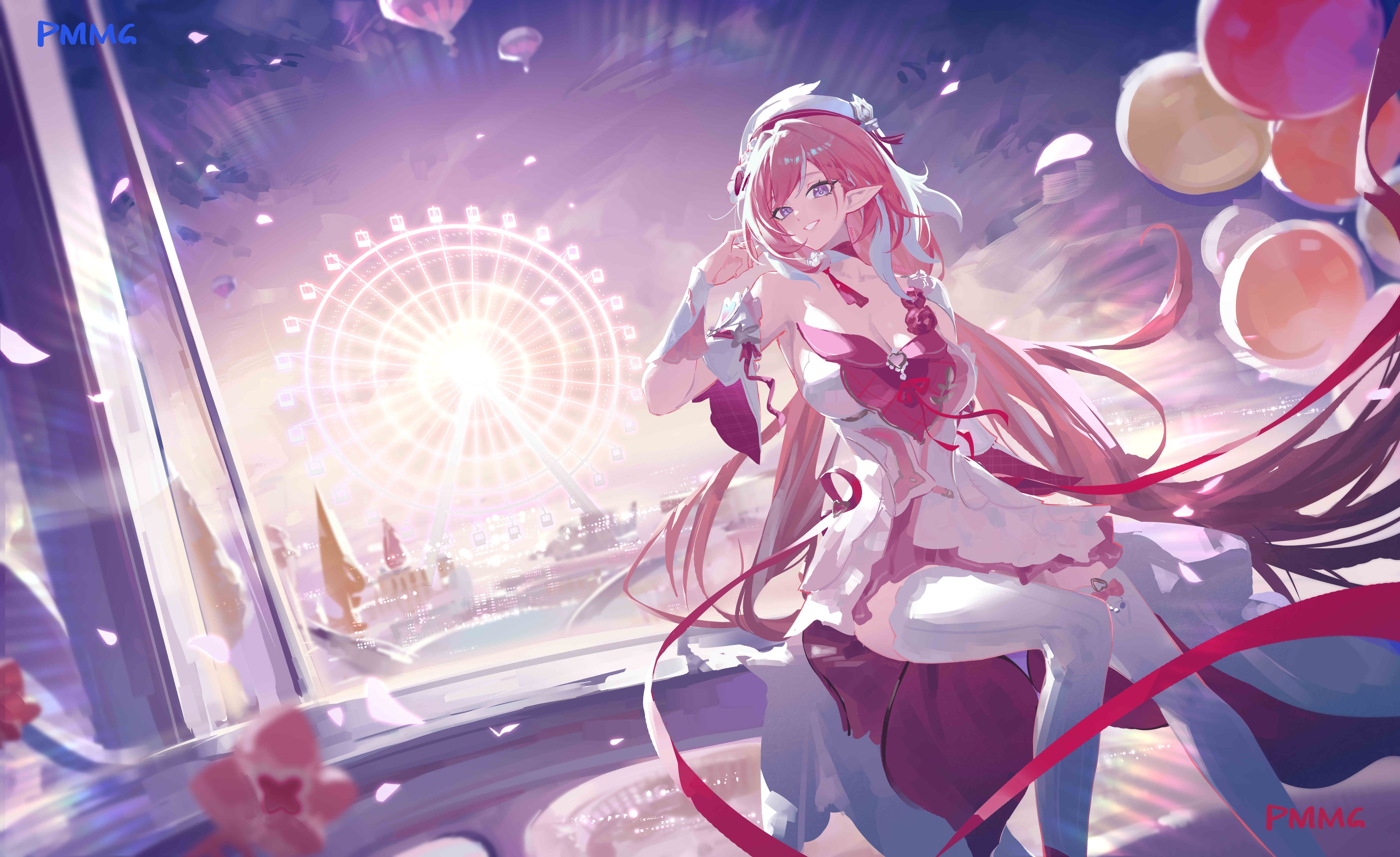 pmmg, elysia (hi love elf) (honkai impact), elysia (honkai impact), honkai (series), honkai impact 3rd, absurdres, hashtag-only commentary, highres, 1girl, amusement park, artist name, balloon, breasts, cleavage, diamond-shaped pupils, diamond (shape), dress, elf, ferris wheel, large breasts, long hair, multicolored hair, night, night sky, pink hair, pointy ears, purple eyes, red dress, sitting, sky, smile, solo, symbol-shaped pupils, thighhighs, two-tone dress, two-tone hair, very long hair, weibo username, white dress, white hair, white thighhighs