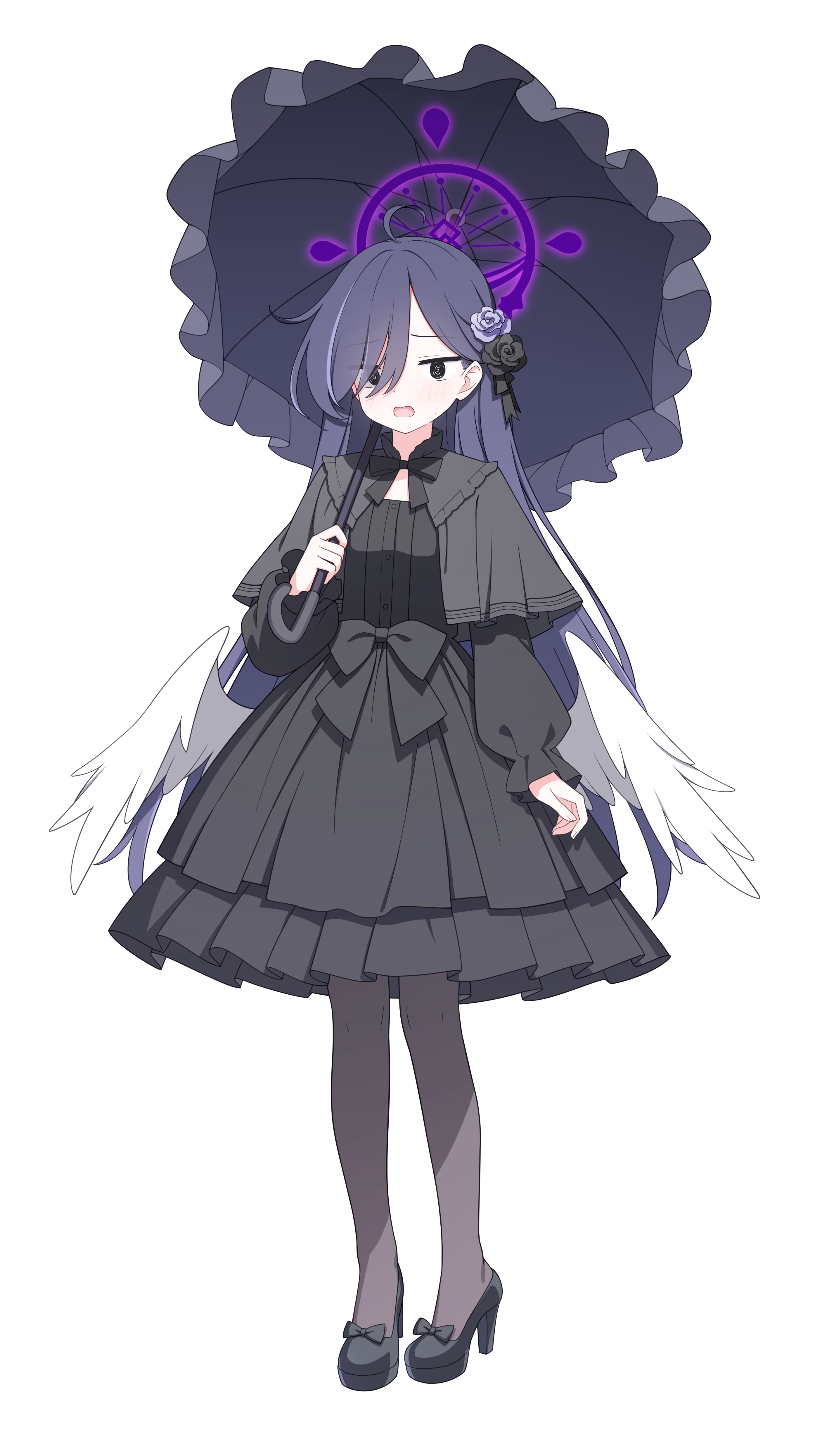 jyt, blue archive, original, absurdres, highres, large variant set, variant set, 1girl, @ @, ahoge, arm at side, black bow, black bowtie, black capelet, black dress, black flower, black shoes, blush, bow, bowtie, capelet, dress, eyes visible through hair, feathered wings, flower, footwear bow, frilled dress, frilled umbrella, frills, full body, gothic lolita, grey pantyhose, hair flower, hair ornament, hair over one eye, halo, high heels, holding, holding umbrella, lolita fashion, long hair, long sleeves, looking at viewer, low wings, open mouth, pantyhose, puffy long sleeves, puffy sleeves, purple flower, purple hair, purple halo, purple umbrella, sanpaku, shoes, simple background, solo, standing, straight hair, sweatdrop, tachi-e, transparent background, umbrella, white wings, wings