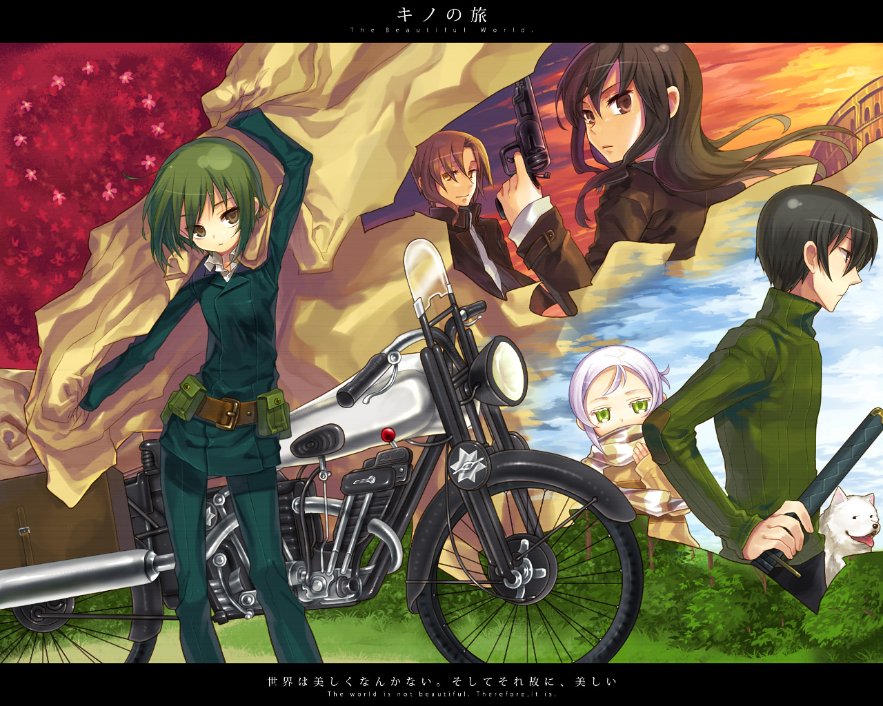 renta, renta (deja-vu), hermes (kino no tabi), kino (kino no tabi), riku (kino no tabi), shizu (kino no tabi), tea (kino no tabi), kino no tabi, vehicle, bad id, bad pixiv id, 00s, 2boys, 3girls, androgynous, belt, black hair, brown eyes, coat, dog, flower, green eyes, green hair, gun, handgun, letterboxed, motor vehicle, motorcycle, multiple boys, multiple girls, reverse trap, revolver, sword, weapon