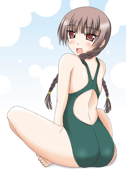 shimazu yoshino, maria-sama ga miteru, md5 mismatch, resolution mismatch, source larger, 00s, 1girl, ass, barefoot, braid, brown eyes, brown hair, competition swimsuit, crossed legs, female focus, hair over shoulder, indian style, long hair, looking back, one-piece swimsuit, open mouth, sitting, solo, swimsuit, twin braids