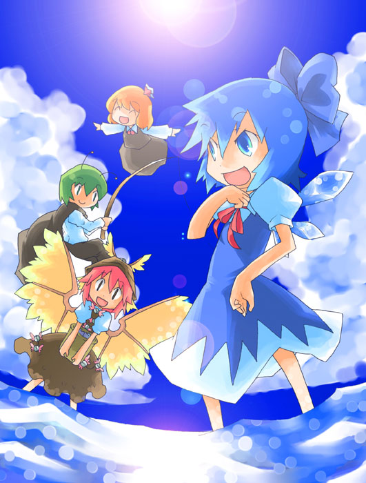 ara ta, harada (sansei rain), cirno, mystia lorelei, rumia, wriggle nightbug, touhou, bad id, bad pixiv id, 4girls, antennae, blonde hair, blue eyes, blue hair, cape, female focus, fishing rod, green hair, hair ribbon, hat, multiple girls, ocean, pink hair, red eyes, ribbon, short hair, team 9 (touhou), water, wings