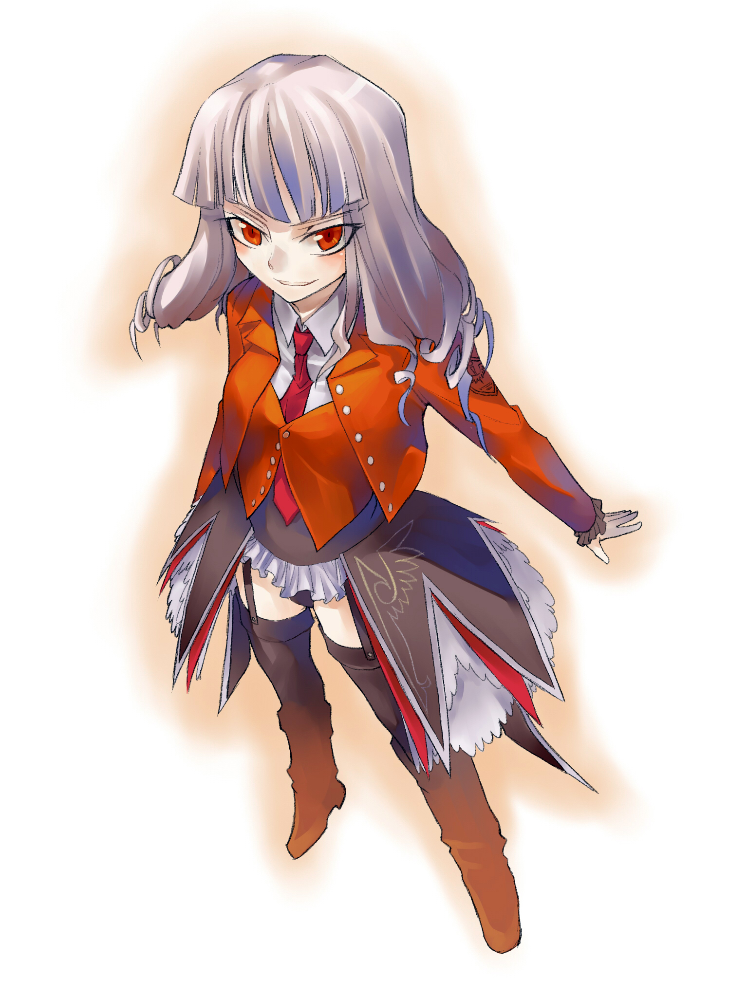 504187297, lamian (pixiv415608), satan (umineko), umineko no naku koro ni, silver hair, highres, 00s, drill hair, necktie, red eyes, solo, thighhighs, zettai ryouiki